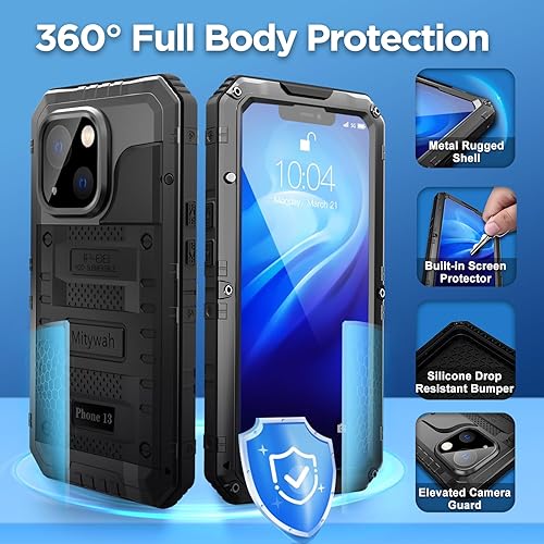 Miniatura 5 de Mitywah Funda impermeable para iPhone 13, funda de metal resistente de grado militar, funda protectora de pantalla integrada a prueba de golpes,