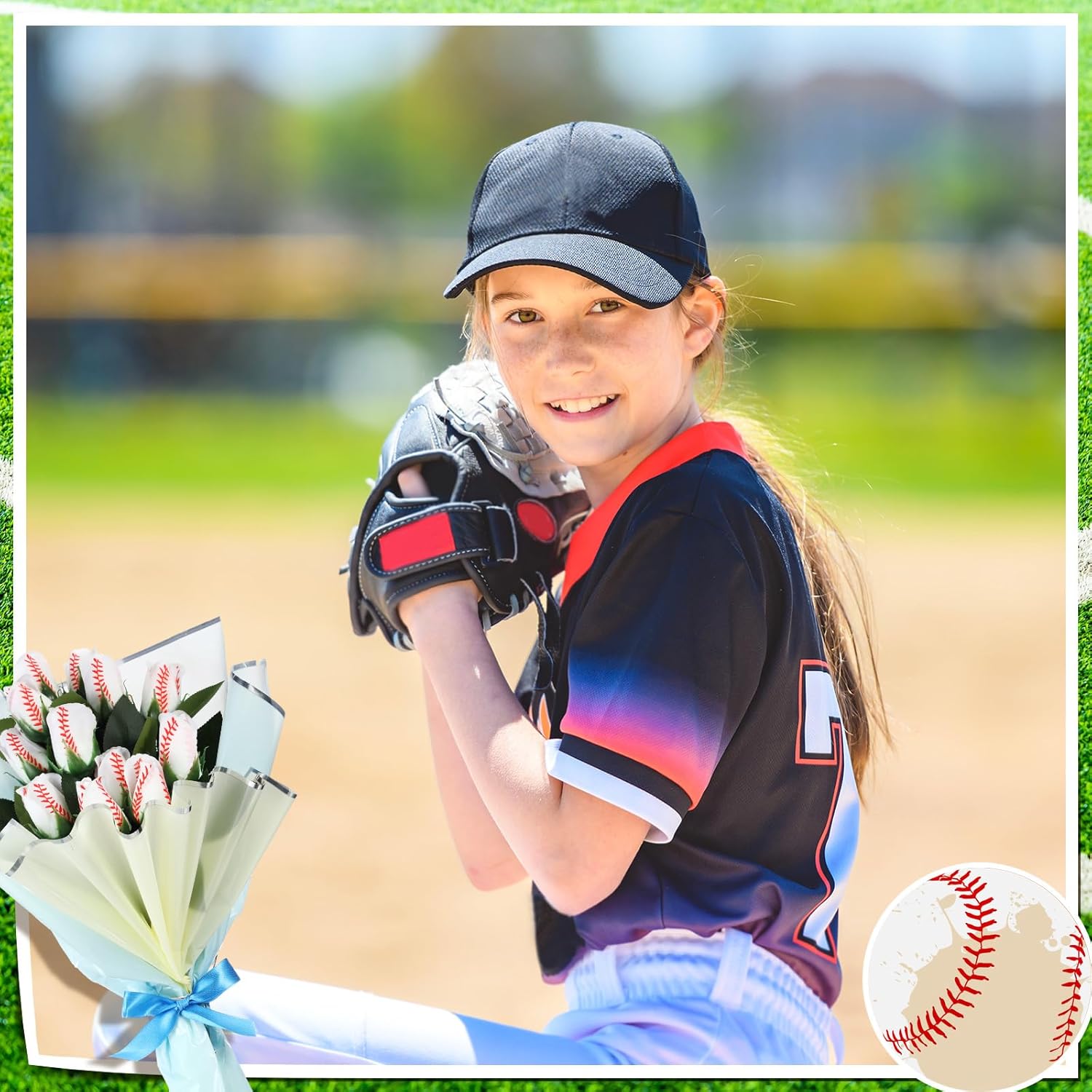 Suhine 6 Pcs Artificial Baseball Rose Flowers Sports Party Favors Bulk for Birthday Graduation Wedding Party Decorations Table Centerpieces Game Prizes Senior Night Gifts(Baseball Color, Normal)