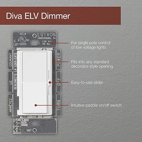 Miniatura 5 de Lutron DVSCELV-300P-BI Diva - Regulador electrónico de bajo voltaje de 300 vatios de un solo polo, galleta