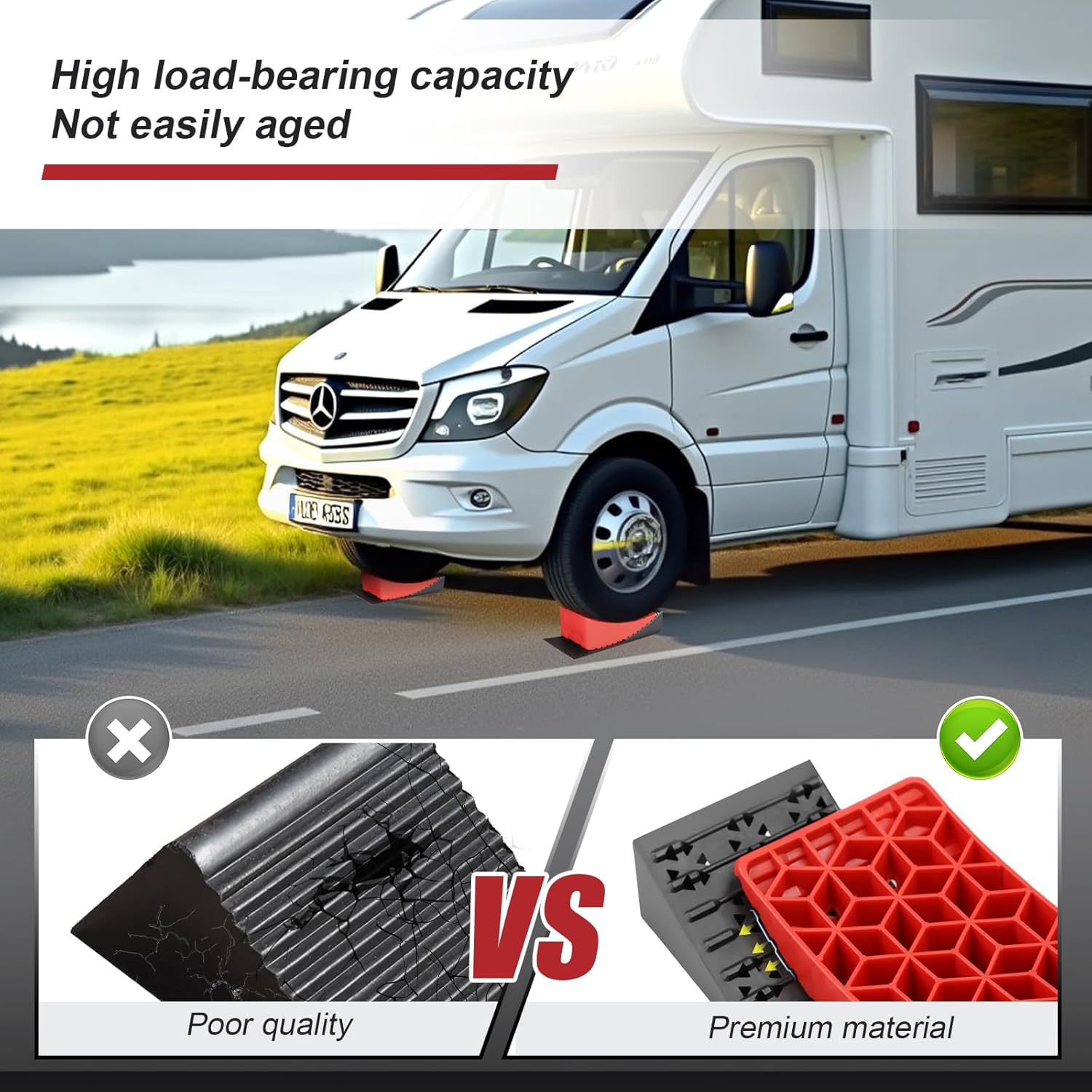 Ruedamann RV Leveling Blocks, Up to 35,000 lbs，Camper Leveler System for Travel Trailers 2 Packs RV Curved Levelers with 2 Wheel Chocks, 2 Non-Slip Mats with Carry Bag, Red