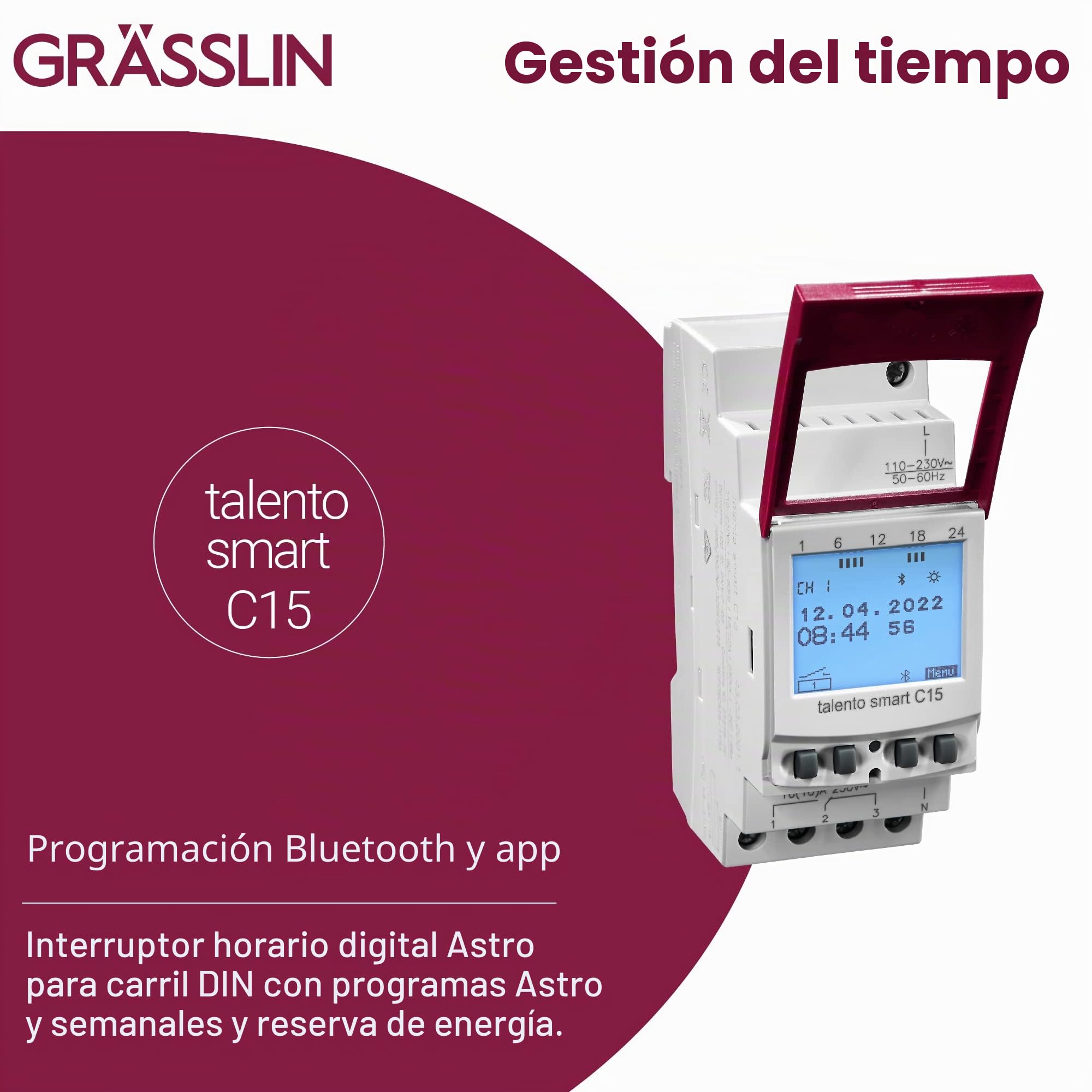43.03.0001.1 - Talento Smart C15 - Interruptor Horario Digital con Interfaz Inalámbirco Bluetooth 4.0 - 1 Canal - Montaje Carril DIN - Programación Movil a través de la App - AC 110-230 V | Bluetooth/App, 2 módulos DIN, montaje carril DIN, 500 posiciones,