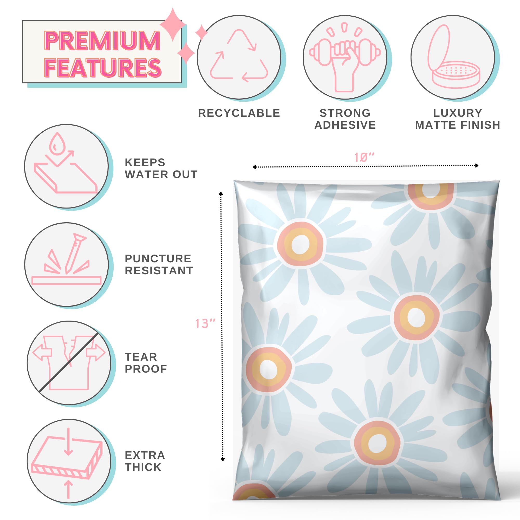 Picksie Mailers Polymailers - Bolsas de polietileno bohemias de 10 x 13 pulgadas, suministros de envío para pequeñas empresas, 100 sobres de plástico de diseño para correo, diseño de margaritas