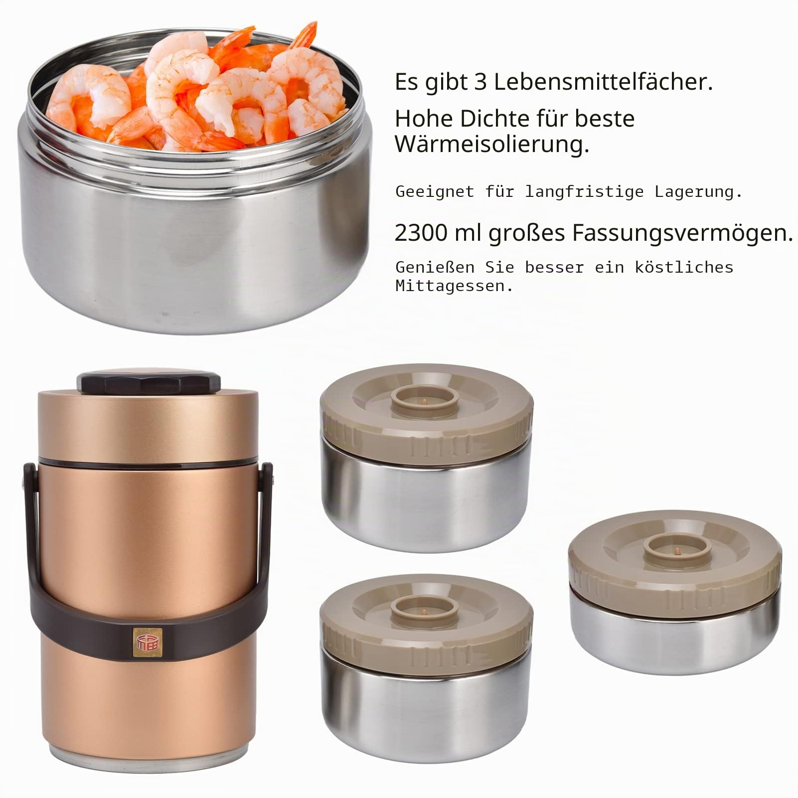Plplaaoo Thermobehälter für Essen 2,3 L, 3-lagiger Vakuum Isolierter Lebensmittelbehälter 304 Edelstahl, Auslaufsicher Thermo Lunchbox Behälter mit Griff für Arbeit, Reisen & Picknick (Gold)
