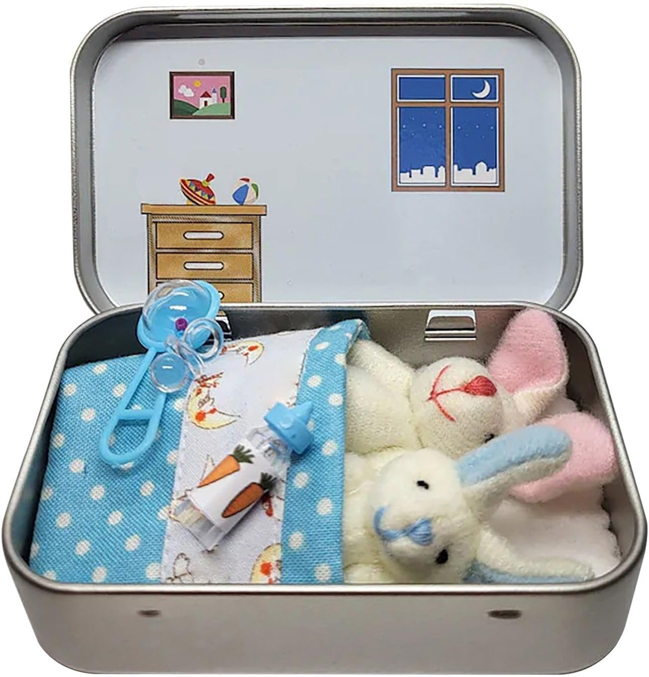 Little Pocket Bunny In A Tin Box, Pocket Bunnies Easter Basket Stuffer, DIY Pet Tin Bunny Adoption, Mini Rabbits in Box,Mini Plush House Easters Baskets Decorative Boxes (Blue)