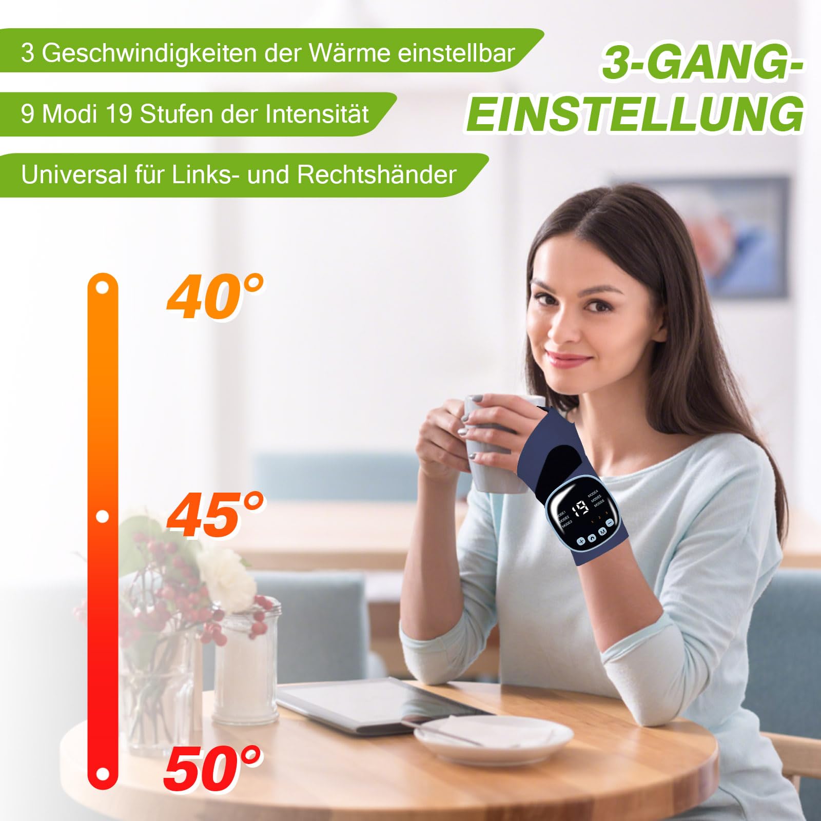 EMS Handmassagegerät, Kabelloses Elektrische Handmassagegeräte, Handmassage mit 3 Wärmestufen, 9 Massagemodi und 19 Stärke, Handgelenkstütze für Lindert Ermüdung und Schmerzen