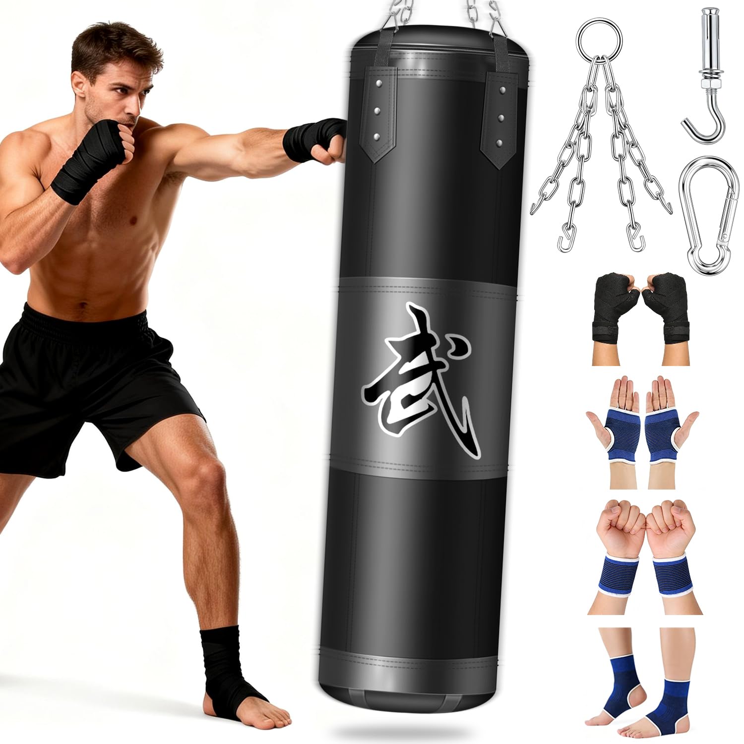 Sacco da Boxe per Adulti, Adolescenti e Bambini, 120 cm Tessuto Oxford, con Gancio a Soffitto, Catena, Bende, Parapolsi per MMA, Karate, Kickboxing, Boxe Home-Gym (Non Imbottito)