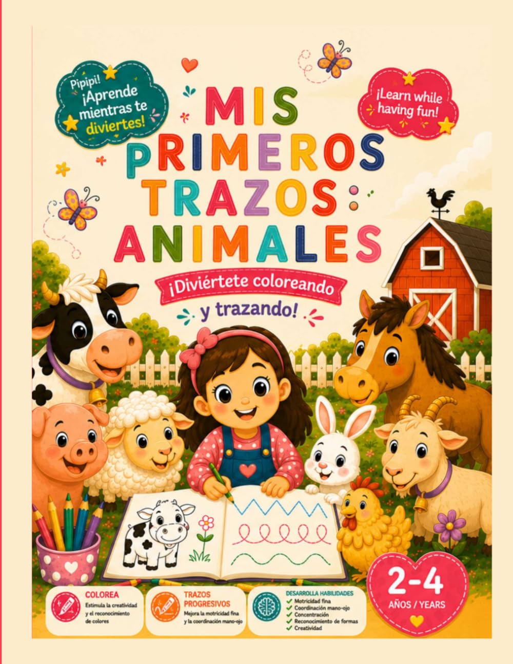 Mis primeros trazos: animales: Libro de grafomotricidad para niños de 2 a 4 años | Más de 40 actividades de trazos, colorear y aprendizaje bilingüe Español–Inglés