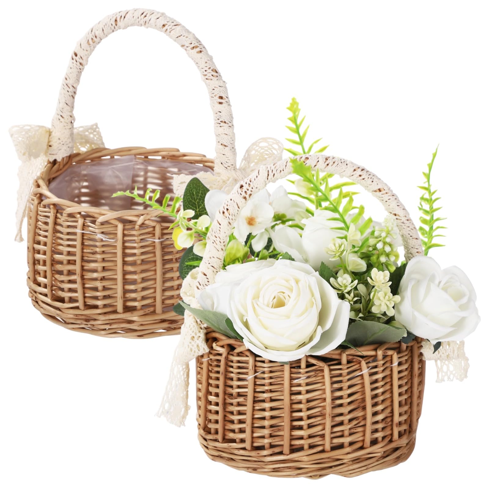 2 Pcs Flower Girl Basket,Small Wicker Baskets with Handle,Rattan Flower Girl Basket Set,Multi-Purpose Decorative Storage Organizer,Handmade for Weddings,Parties,Home Decor