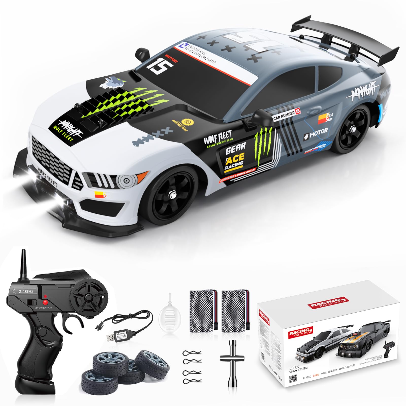 Remote Control Car RC Drift Car 1:16 Scale 4WD 18KM/H High Speed Model Vehicle 2.4GHz with LED Lights Spray Rubber Tire Racing Sport Toy for Adults Boys Girls Kids Gift 2Pcs Rechargeable Batteries