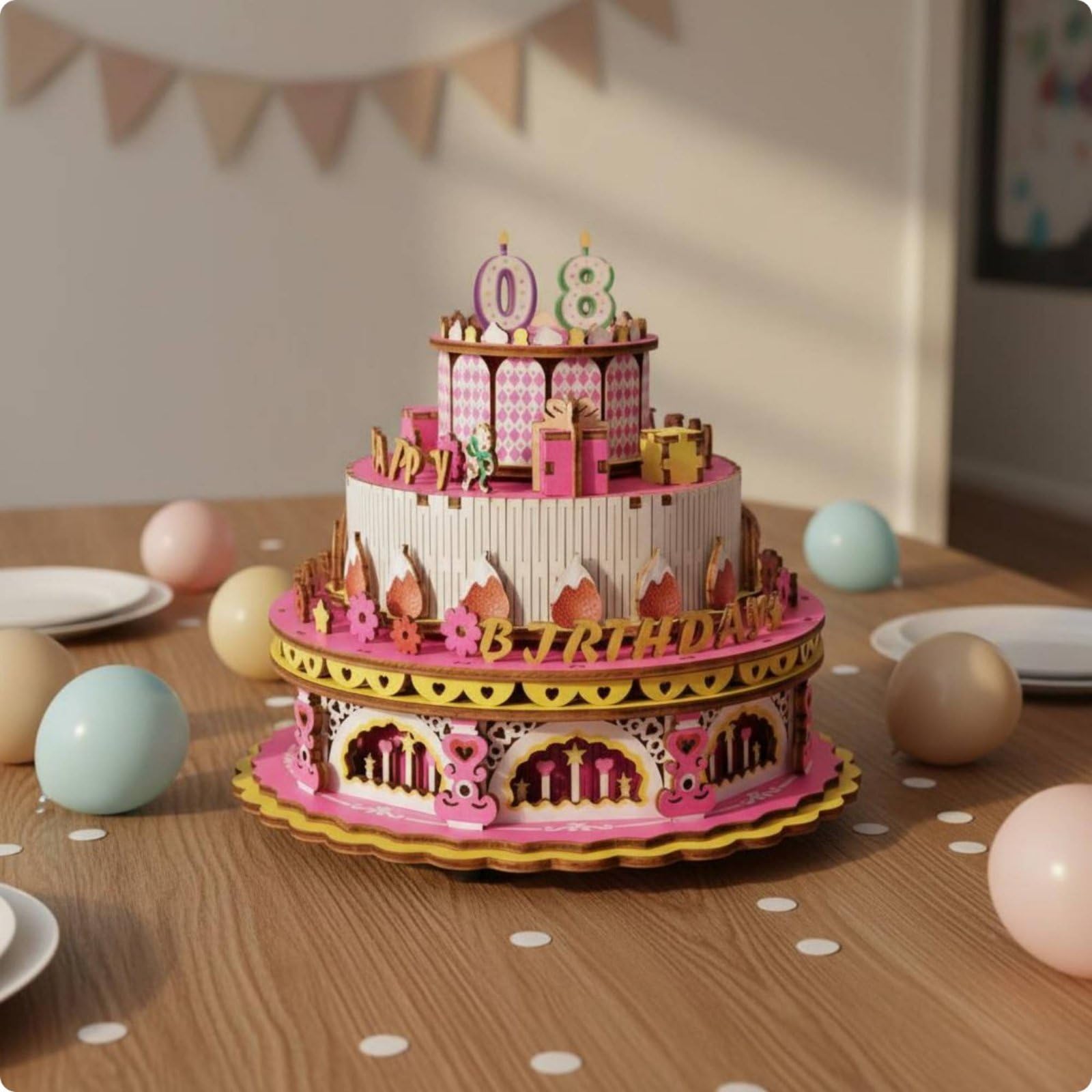 predolo Musikspieluhr Kinderpuzzle Holzkuchen 3D Bausatz Geburtstag Drehendes Puzzle Modell Kreatives Zusammenbau Spielzeug mit Sammelcharakter für Kindergeburtstag Kinderzimmer Geschenk, Pink