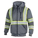 Men's ANSI Class 3 High Vis Safety Reflective Sweatshirt Wool Fleece Zipper Jacket Hoodie (Grey,XL)