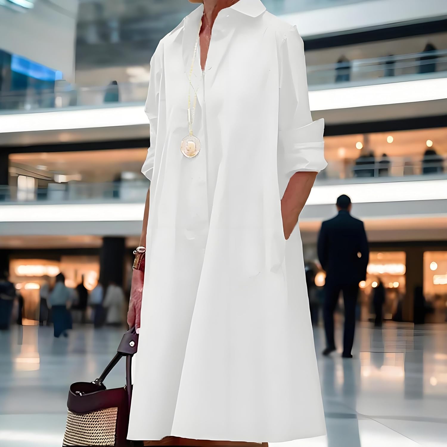 Womens 2025 Long Sleeve Button Down Shirt Summer Dress Casual V Neck Loose Fit Midi Shirt Dresses with Pockets - Image 3