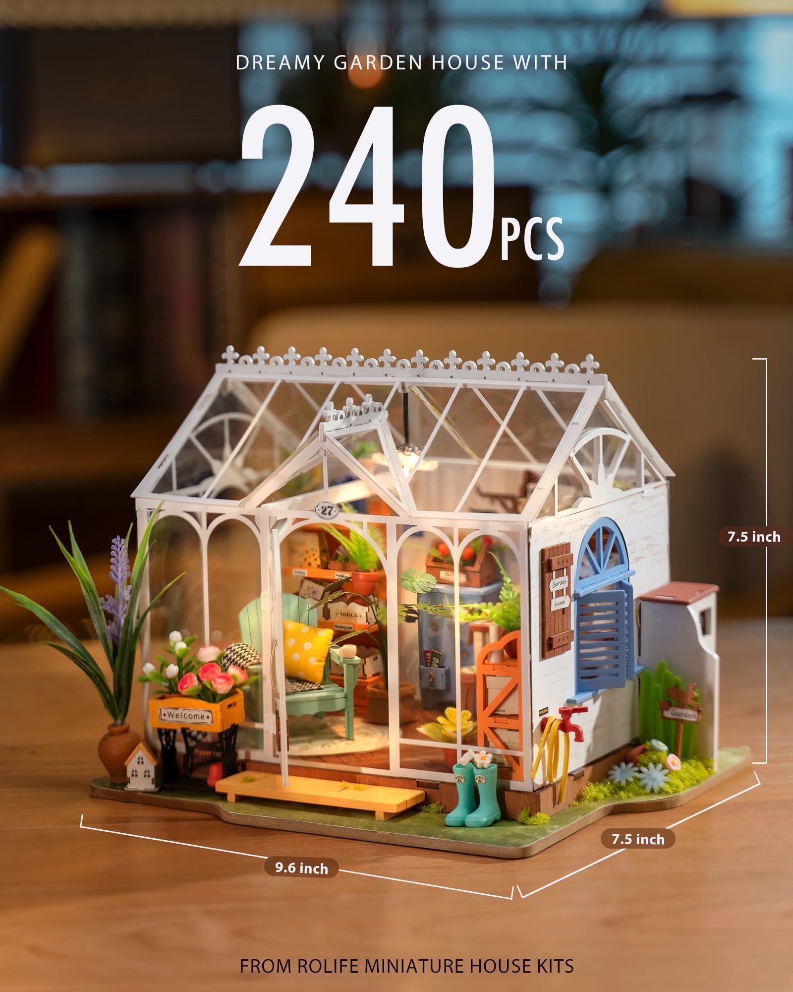 ROWOOD Kit Casa Delle Bambole Casa Da Giardino, Camera in Legno Fai Da Te in Miniatura, Modello Di Costruzione Giocattolo in Scala 1:20, Kit Di Artigianato Creativo Regali Per Natale