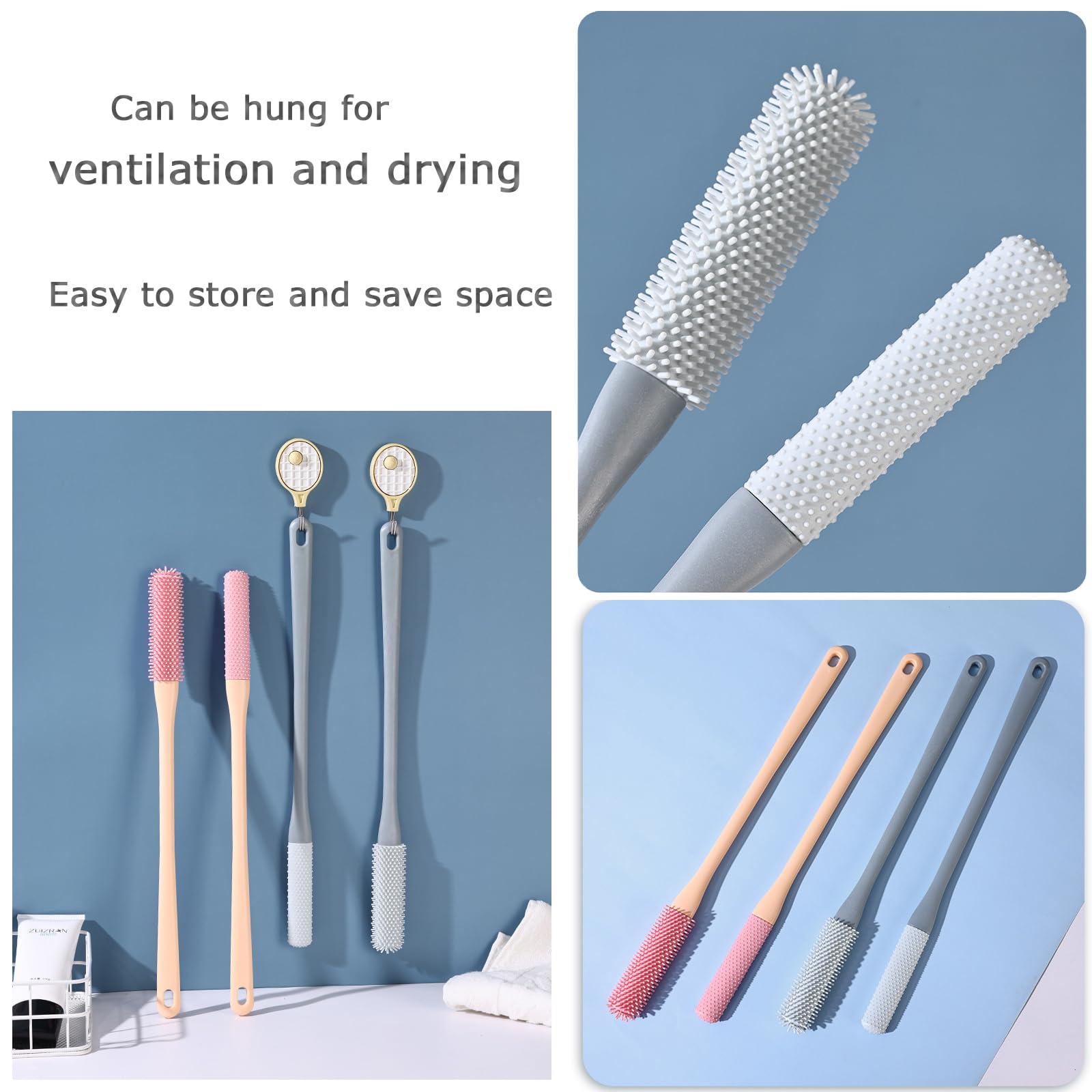 4PCS Toe Gaps Cleaning Brush,Silicone Foot Cleaning Brush with Long Handle,Toes and Feet Brushes with Two-Type Heads,Shower Foot Scrubber for Elderly (Pink&Gray) - Image 4