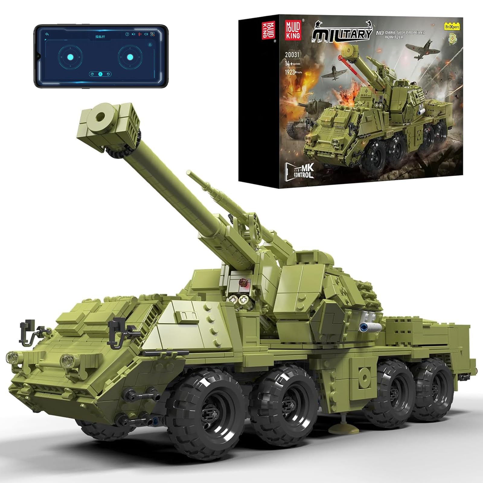 Mould King 20031 MOC Technology Tank Building Blocks Kit, DANA automotore Gun Tank Blocks giocattolo, catena blindata auto trasportatore serbatoio morsetto blocchi set con telecomando e controllo app
