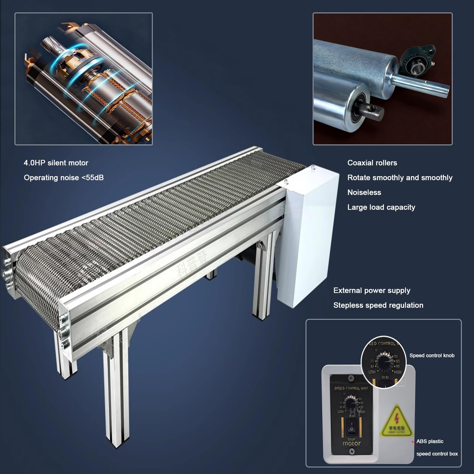 Cichy metalowy przenośnik taśmowy Płaski system przenośnika ze stali nierdzewnej Regulowana prędkość Linia produkcyjna Przenośnik stołowy (1000 x 800 mm) - Wydajne rozwiązanie transportowe do dużych