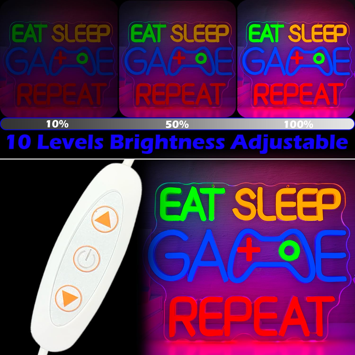 Eat Sleep Game Repeat Insegna al neon da gioco LED per la stanza dei ragazzi alimentata tramite USB, cartello decorativo per uomo, grotta, bar, camera da letto, sala giochi, arte da parete al neon per