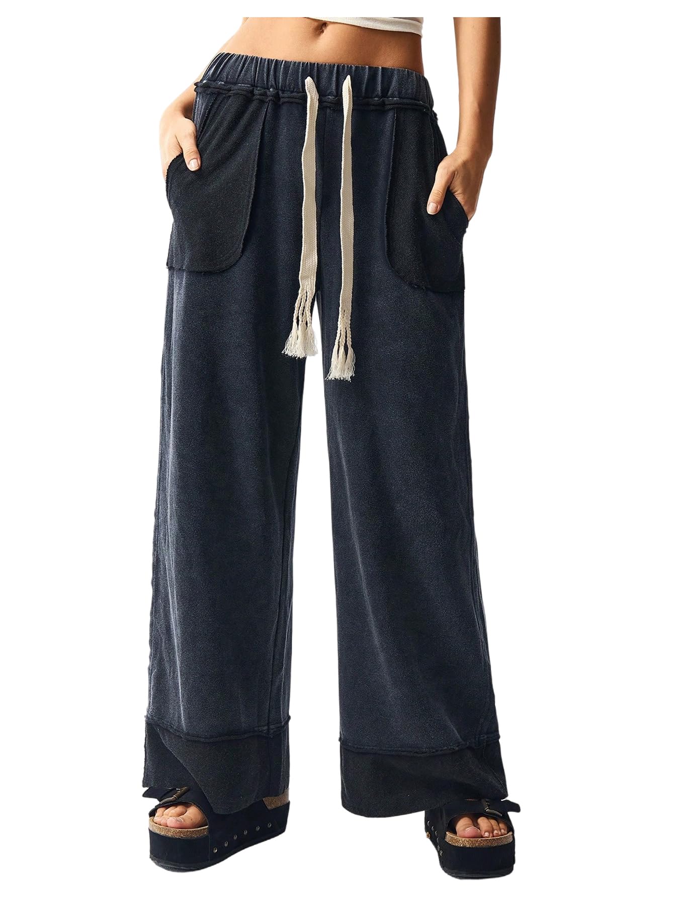 Womens Patchwork Washed Pants Drawstring Waisted Wide Leg Trousers Streetwear Pants