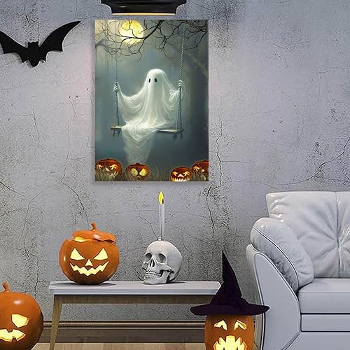 Miniatura 7 de Decoración de Halloween con diseño de fantasma en el columpio, lindo rostro de fantasma, arte espeluznante, regalo de Halloween, decoración para