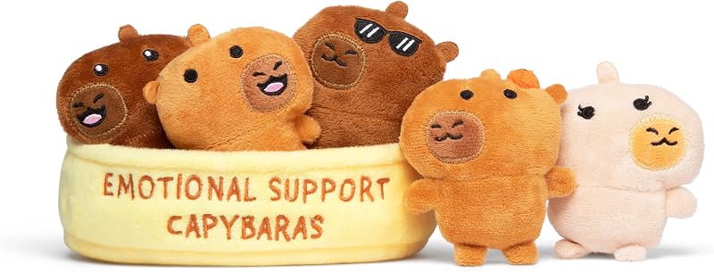 Emotional Support Capybaras by Relatable, Cuddly Stuffed Animals and Plushies Set, Includes 5 Capybara Plush Toys with Carrying Basket, Cute Desk Accessories and Back to School Gifts for All Ages