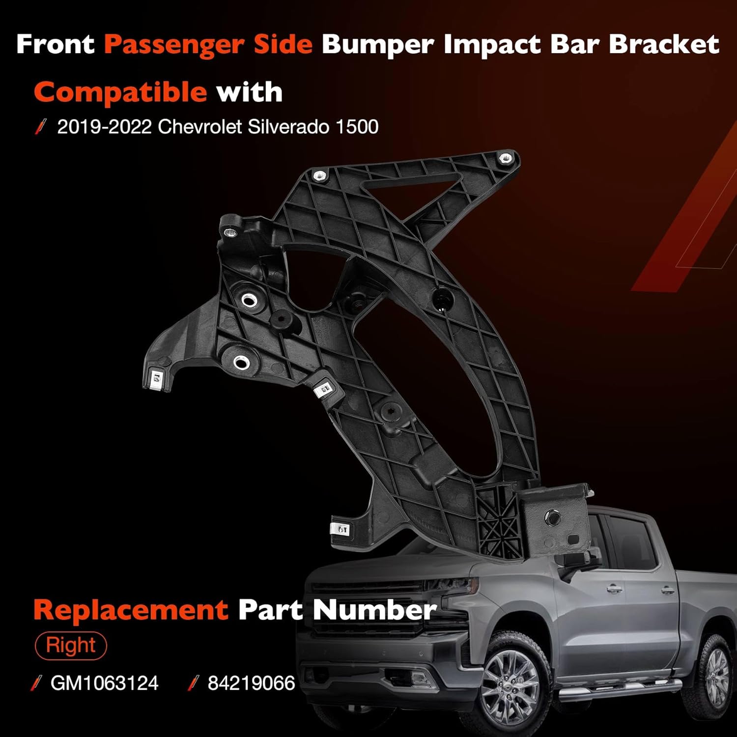 Front Right Passenger Side Bumper Support Impact Bar Bracket Compatible with 2019-2022 Chevy Silverado 1500 Replace # GM1063124, 84219066