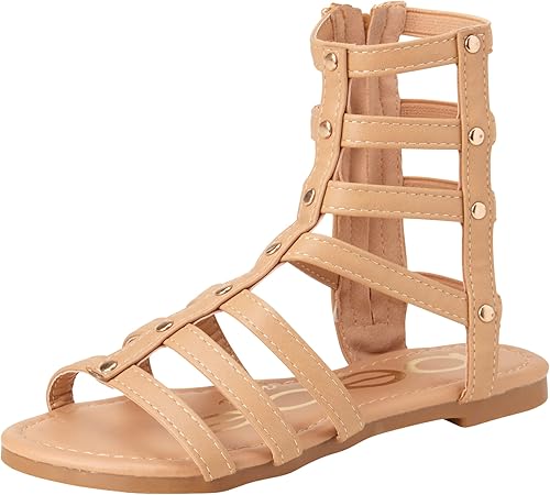 bebe Sandalias para niñas pequeñas, sandalias de gladiador de cuero ligero con puntera abierta, para verano, con tiras planas