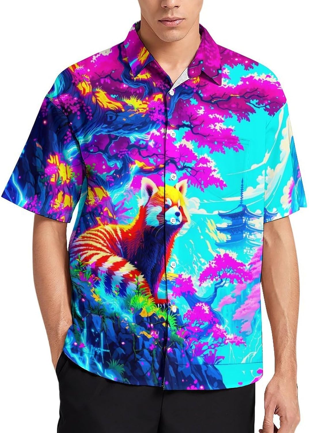 Men's Japanese Hawaiian Shirts Novelty Red Panda Graphic Short Sleeve Button Up Shirt Quick Dry Vacation Top