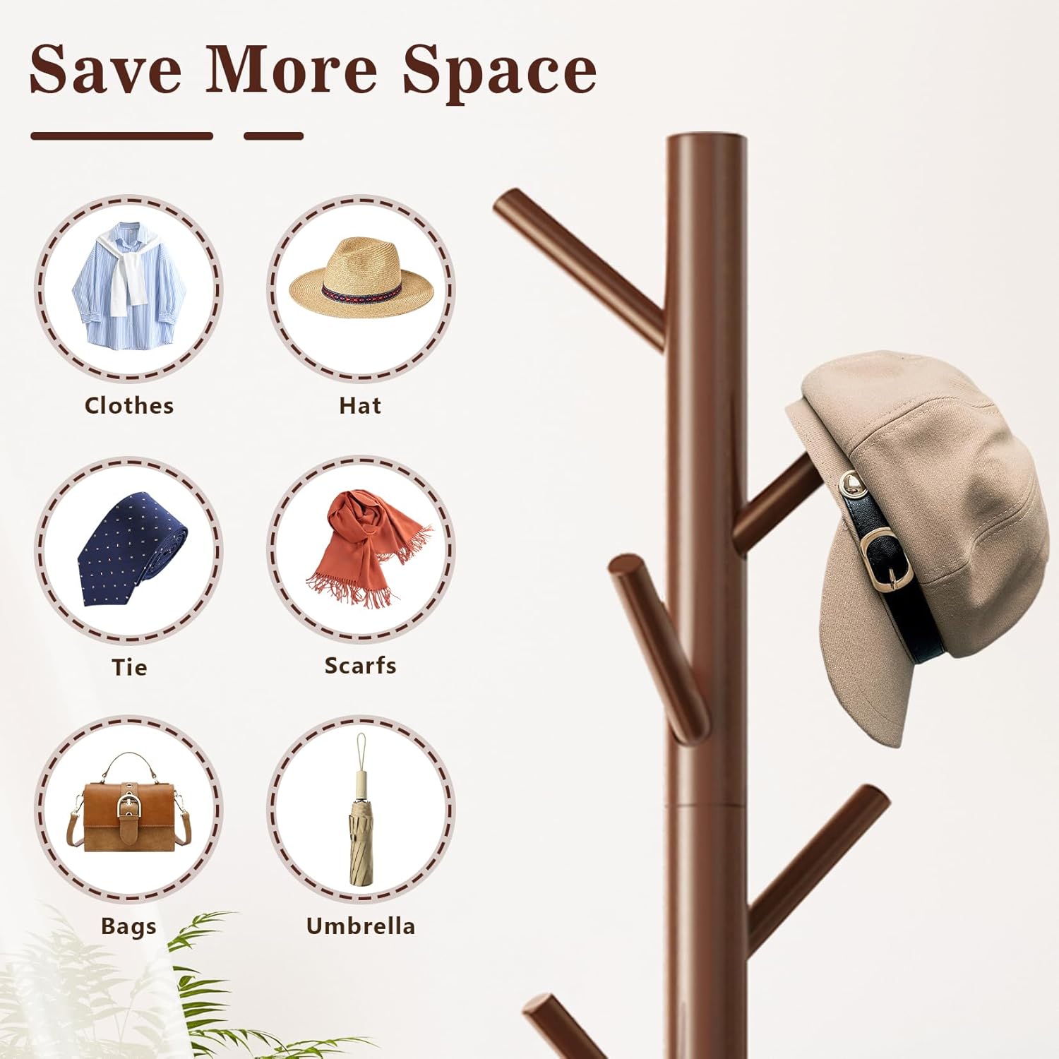 Wooden Coat Rack Freestanding with 8 Hooks,Easy Assembly New Zealand Pine Tree Coat Racks, 3 Adjustable Sizes for Clothes, Hats, Bags, for Entryway, Hallway, Bedroom, Office (Brown, 2 PCS)