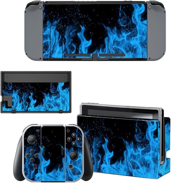 eXtremeRate Full Set Faceplate Skin Decal Stickers for Nintendo Switch with 2Pcs Screen Protector (Console & joy con & Dock & Grip) - Blue Flame - 2