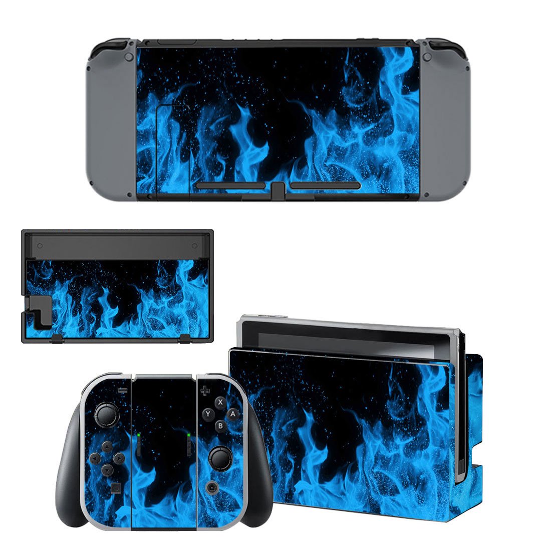 eXtremeRate Full Set Faceplate Skin Decal Stickers for Nintendo Switch with 2Pcs Screen Protector (Console & joy con & Dock & Grip) - Blue Flame — view 2