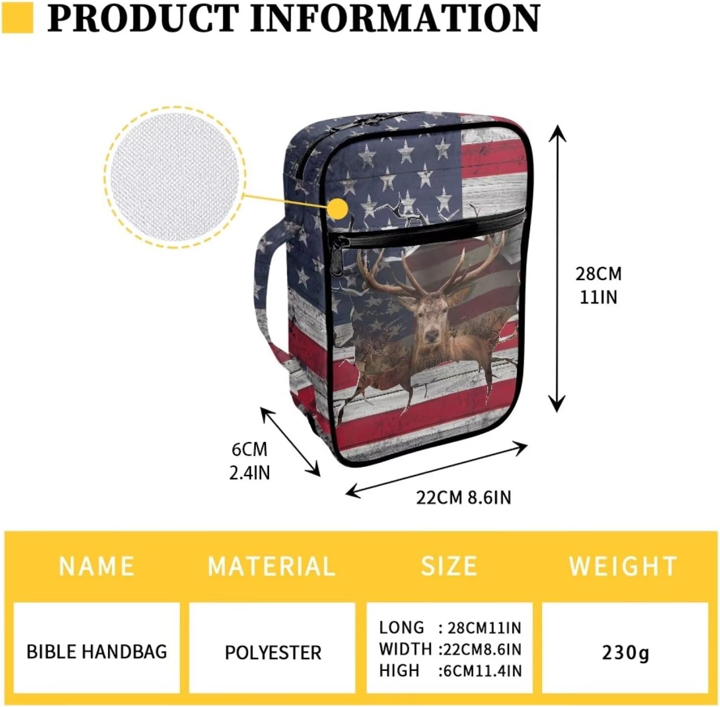 Suobstales 3D Deer American Flag Print Bible Covers for Women Men Bible Case Bible Bag and Tote Bible Accessories with Handle and Zippered Pocket Carrying Book Case image 3