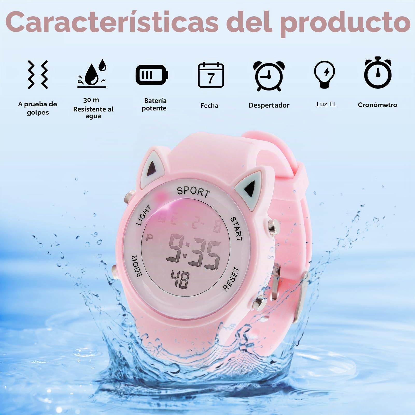 Reloj Digital para Niña con Disegno 3D Orecchie di Gatto Impermeabile 30M Alarma Cronómetro Luz