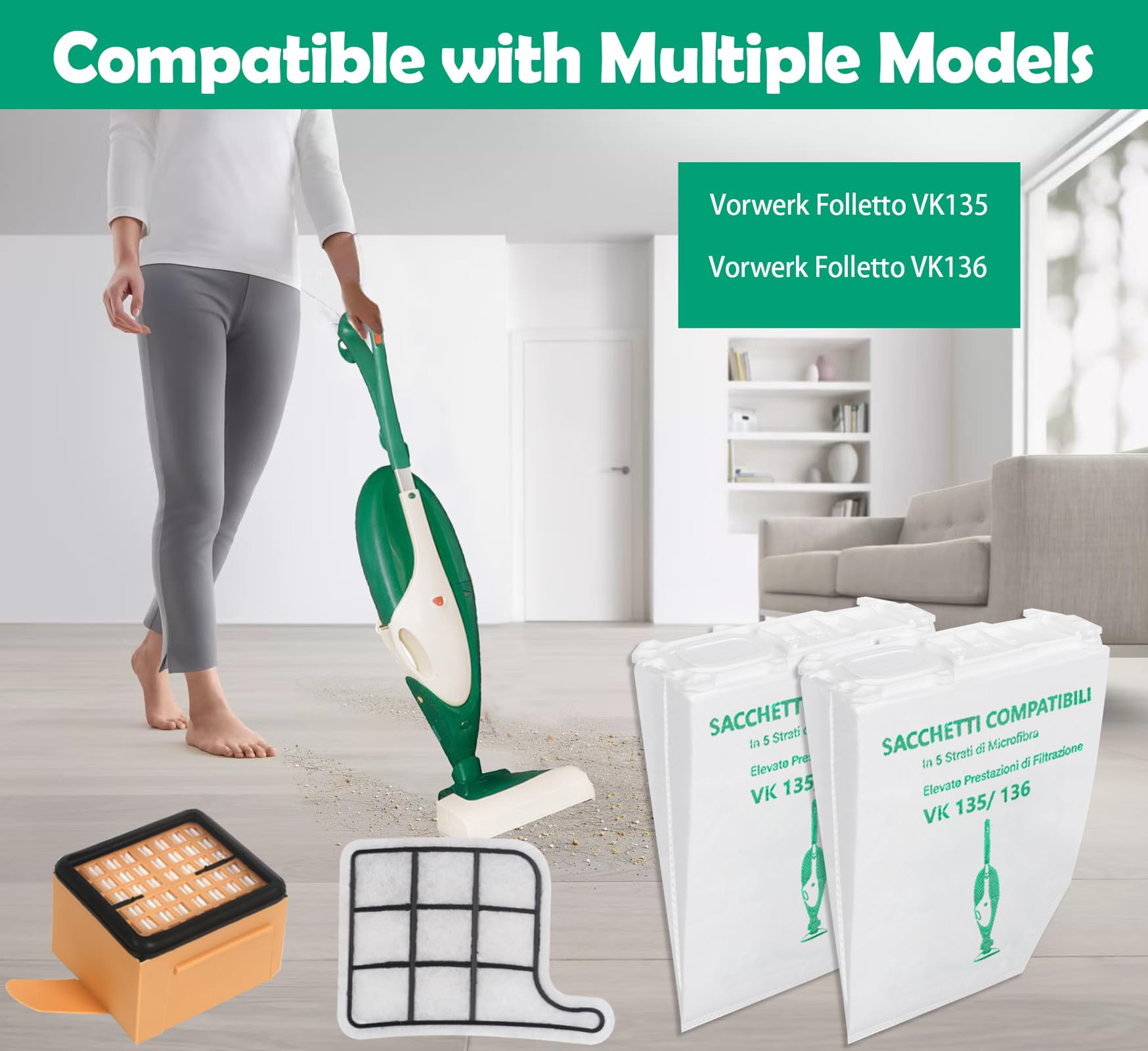 KIT FOLLETTO VK135-136 SACCHETTI FILTRI FILO SOTTO SPAZZOLA COMPATIBILI VORWERK