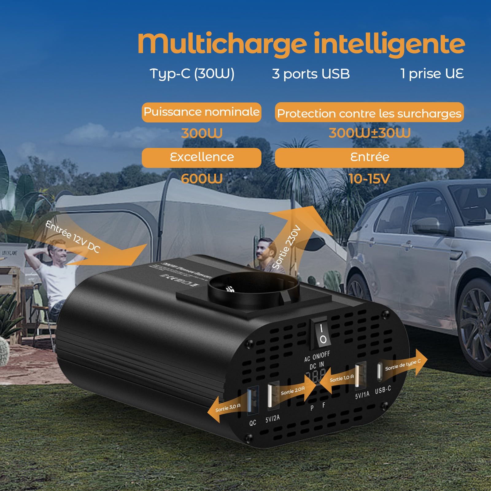 300w convertisseur 12v 220v, onduleur 12v 220v avec 1 Prise, Type C 30W, Charge Rapide USB 25W, 3 Ports USB, Affichage LED