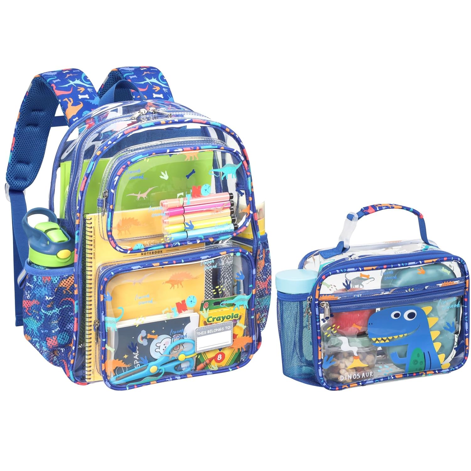 Bagseri 2 Piece Clear Backpack Set for Boys 15 Inch Transparent Bookbag with Matching Lunch Bag School Kindergarten