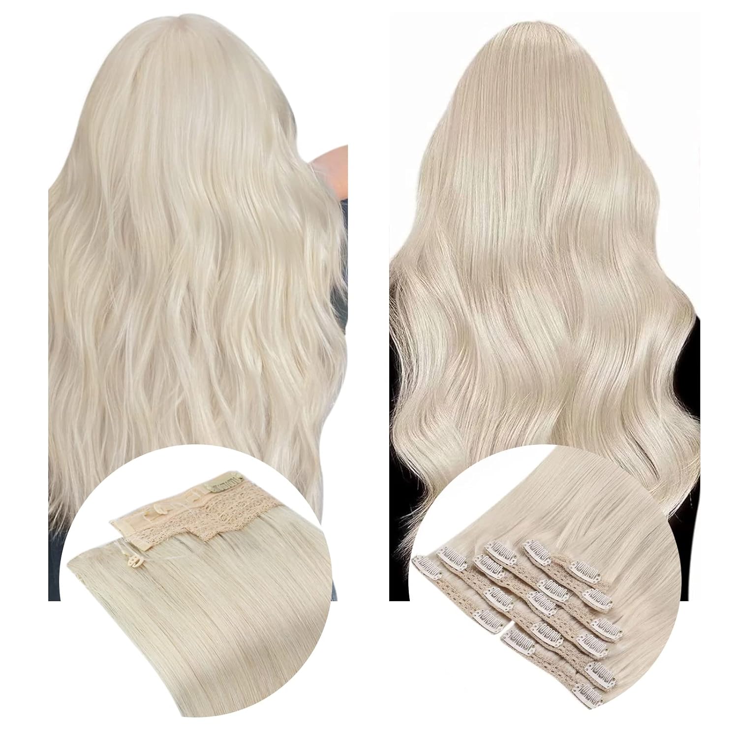 Sunny Fish Line Hair Extensions Platinum Blonde and Clip in Hair Extensions Blonde Real Human Hair Full Head #60 100g+120g Thick Blonde Hair Extensions Remy Straight 20 Inch