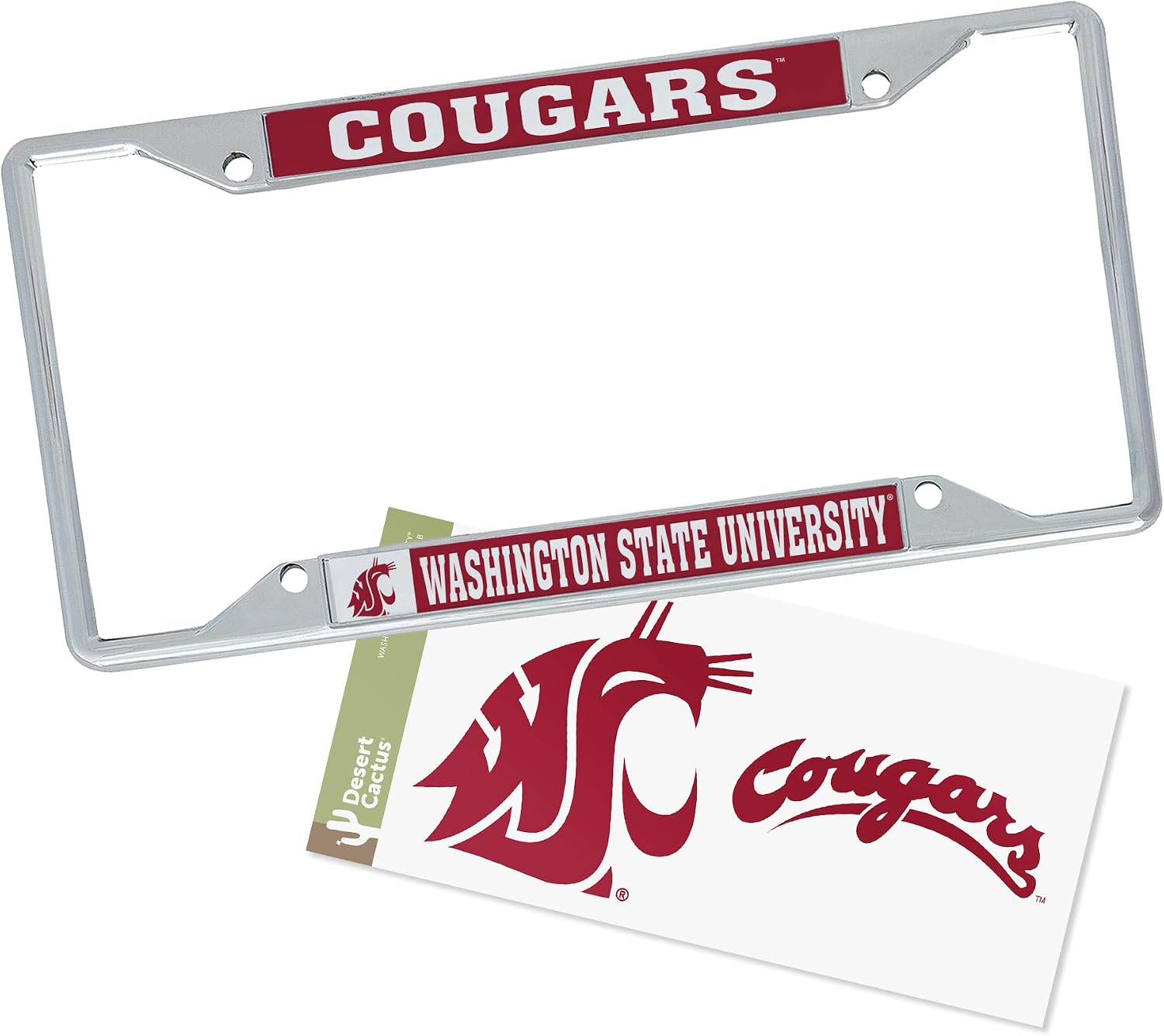 Desert Cactus Washington State University License Plate Frame and Sticker Car Tag Holder for Front or Back of Car Officially Licensed Metal (Sticker Frame Combo - Mascot)