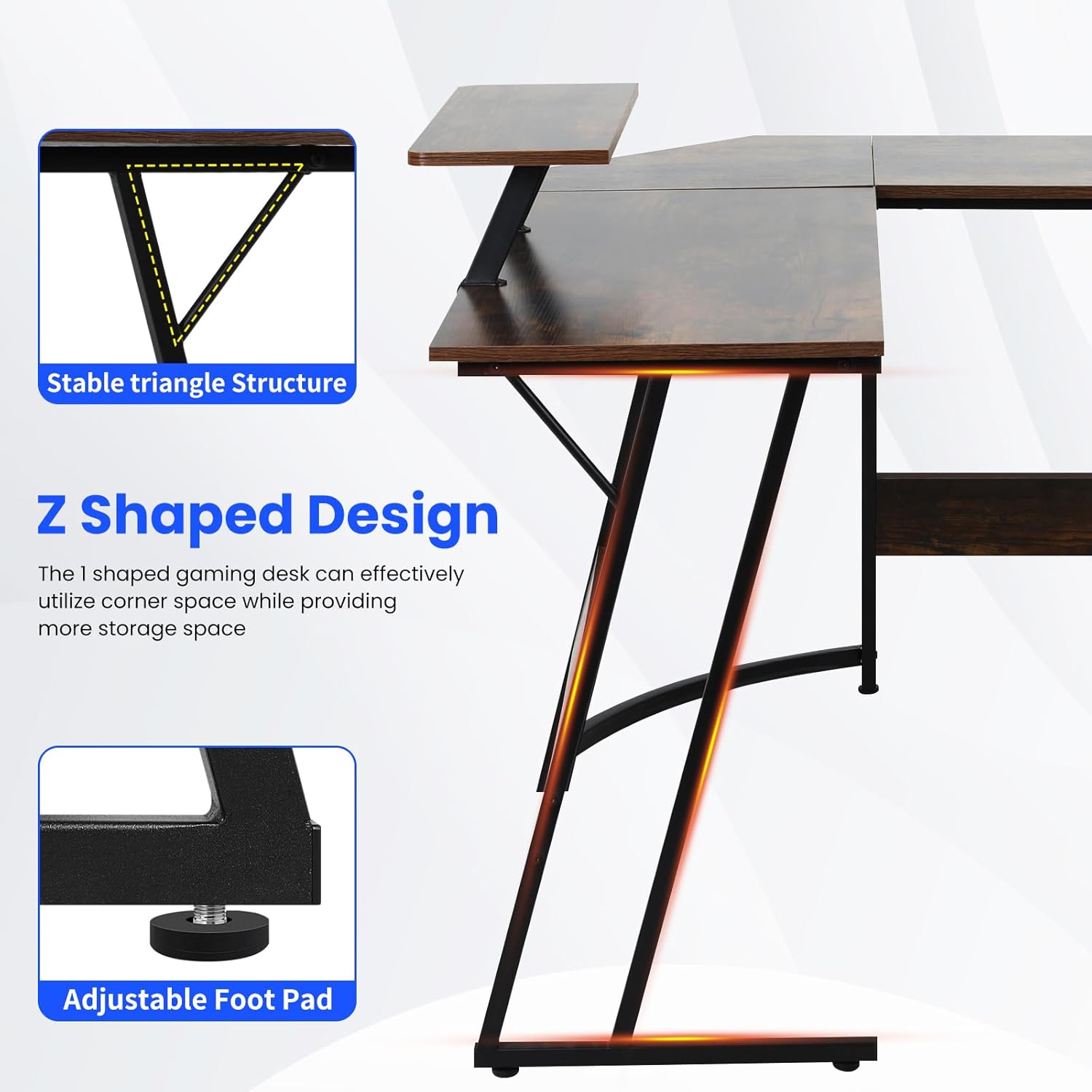 L Shaped Gaming Desk, 50 Inch Corner Desk, Office Computer Desk with Large Monitor Stand for Home Office Sturdy Writing Workstation, Easy to Assemble, Brown