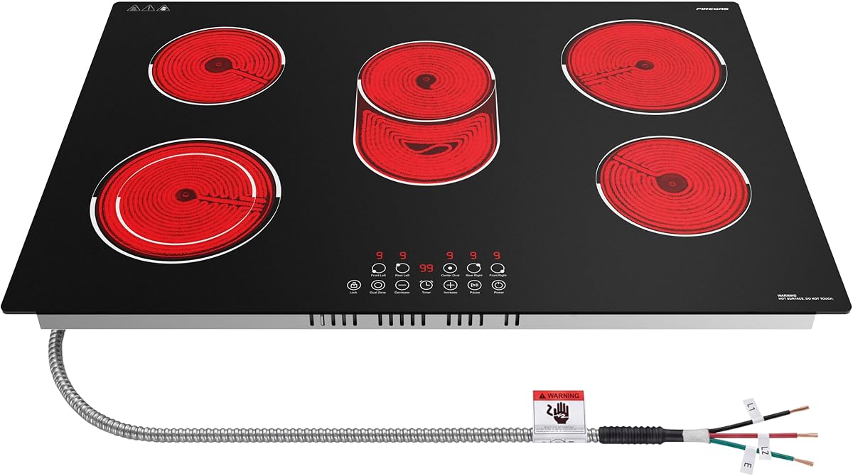 FIREGAS 30 Inch 5-Burner Electric Cooktop, 8600W, Hardwired | Built-in Radiant Electric Cooktop, Matte Glass, Touch, 9 Levels, Dual Ring & Oval Zone, Timer, Child lock, 220-240V