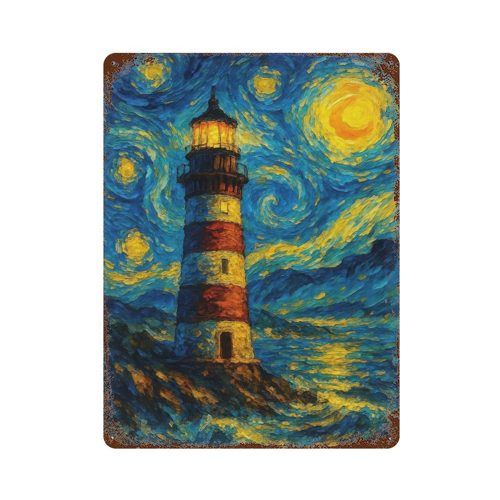 Lighthouse Under Starry Night Sky Painting Vintage Wall Sign 15.7"x11.8", Rust Effect Metal Decor for Basement, Hobby Room And Garage Decor