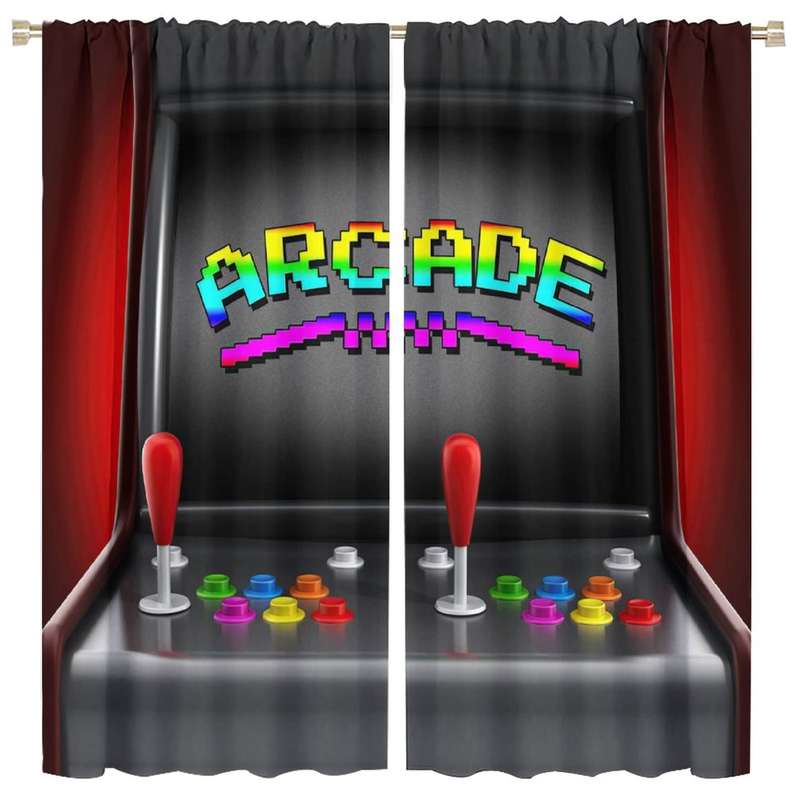 GoDazzling Video Games Blackout Windows Curtains, Arcade Machine Retro Gaming Fun Joystick Buttons Vintage 80's 90's Electronic, for Kids Girl Boy