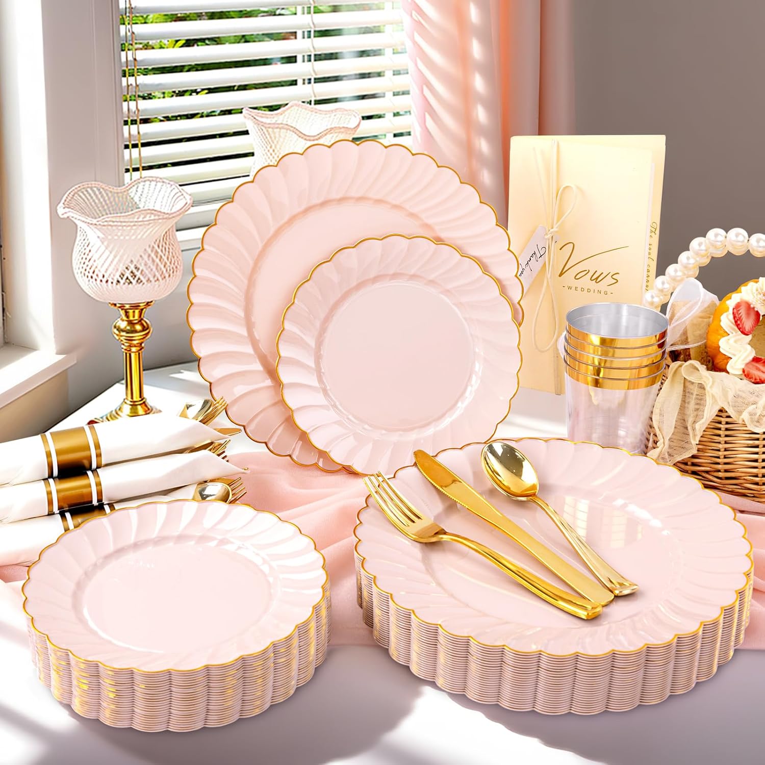 YOUBET 350PCS Pink Scalloped Plastic Plates - Pink and Gold Disposable Dinnerware Set Include 100 Plates, 150 Gold Silverware, 50 Cups, 50 Napkins for Wedding & Party Valentines Day - Image 3