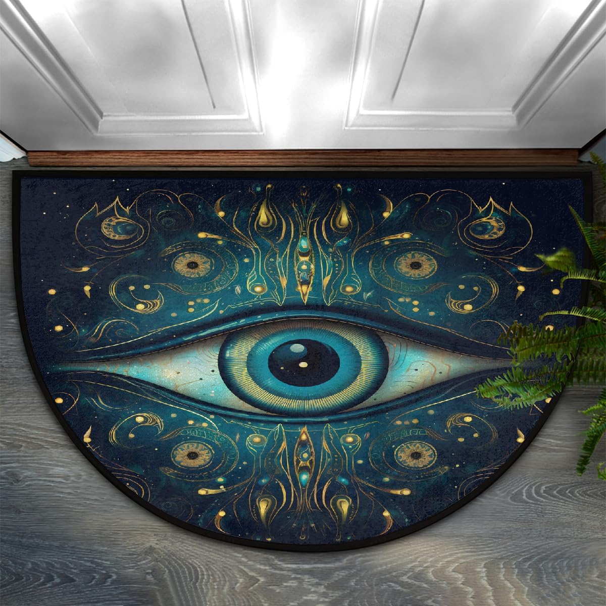 Half Round Door Mat Eyes Art Abstract Half Moon Rug Washable Half Circle Area Rugs Indoor Entrance Non Slip Semi Circle Bathroom Rugs Floor Carpet for Kithen Bedroom Fireplace Decor