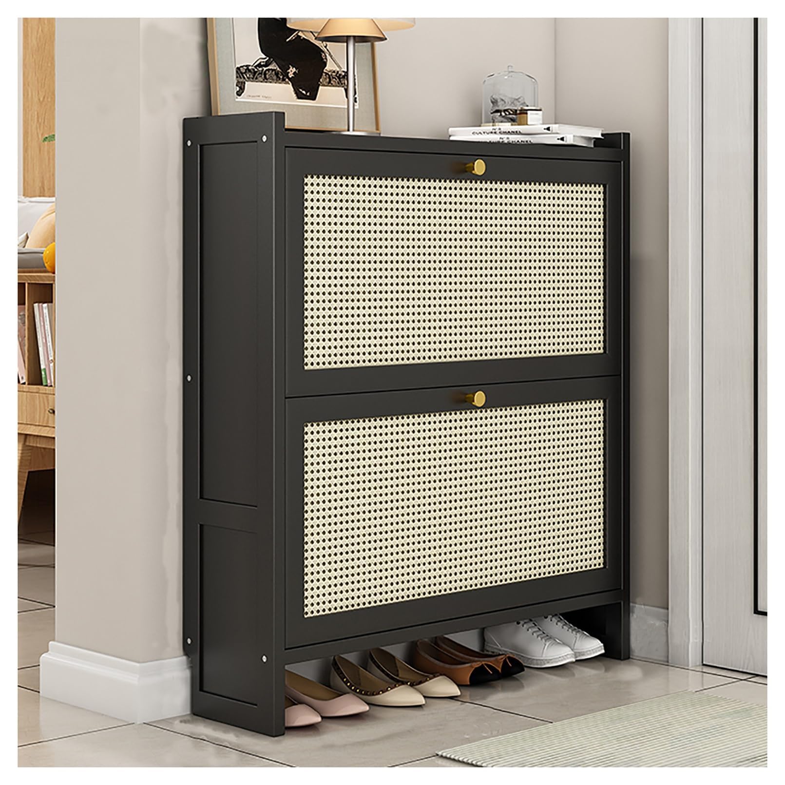 Aioneer Modern Entryway Wooden Shoe Cabinet - Standing Slim Shoe Rack With Doors For Hidden Storage In Hallway Space-Saving Design For Home Entryway Solutions,Black~ 3Tier 50Cm-Black~ 2tier-50cm