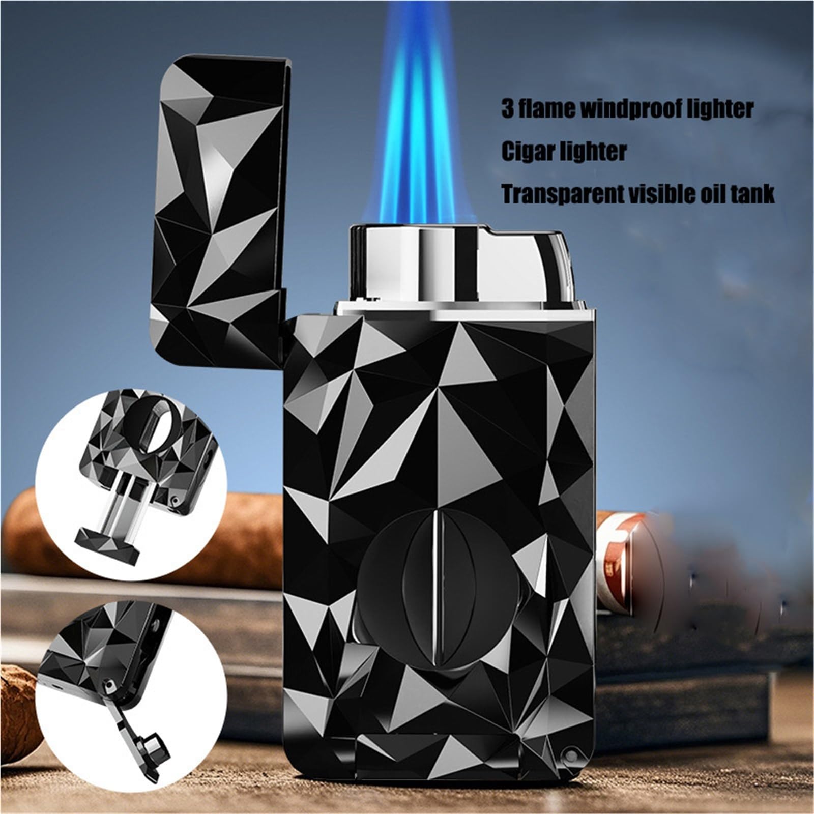 Encendedor de antorcha de butano, resistente al viento, triple llama, encendedor de gas recargable ajustable con ventana de combustible para hombres, perfecto para camping, al aire libre y parrilla