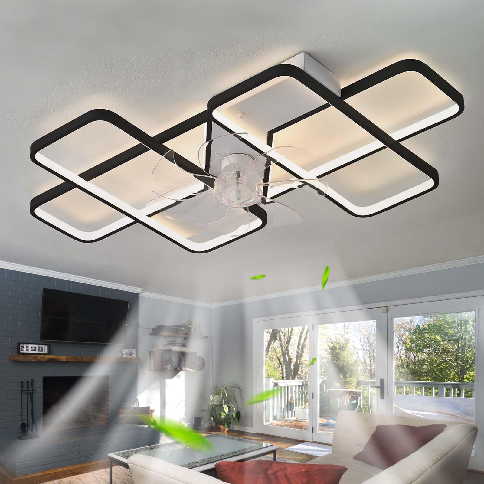 Dceinz LED Fan Light APP Dimmable Reversible Large Ceiling Light with Fan and Remote Control Silent 6 Speed Ceiling Light Fan Smart Modern Indoor 35inch for Bedroom, Kitchen, Living Room-Black