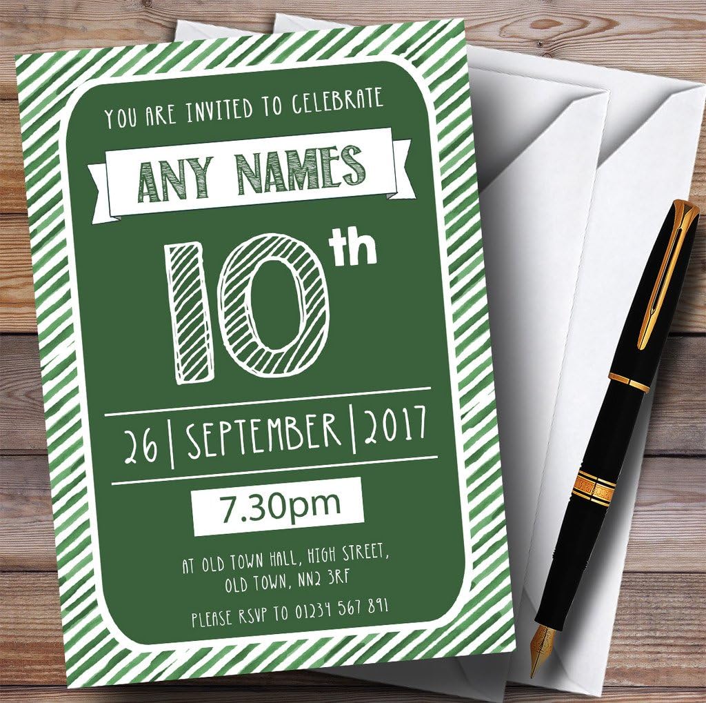 Green & White Stripy Deco 10th Personalized Birthday Party Invitations