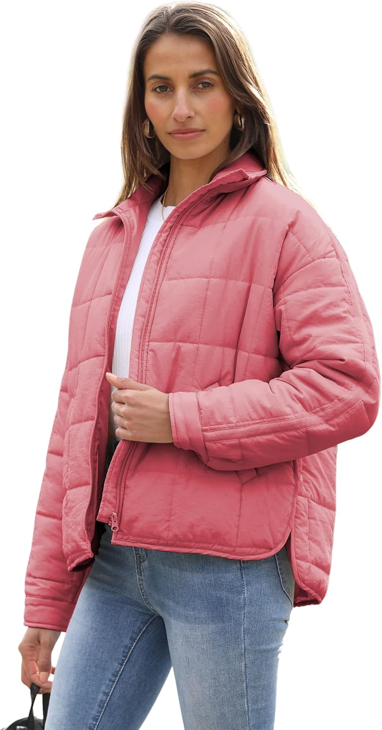 Quilted Puffer Jacket Women Lightweight Short Zip Up Padded Coat with Pockets
