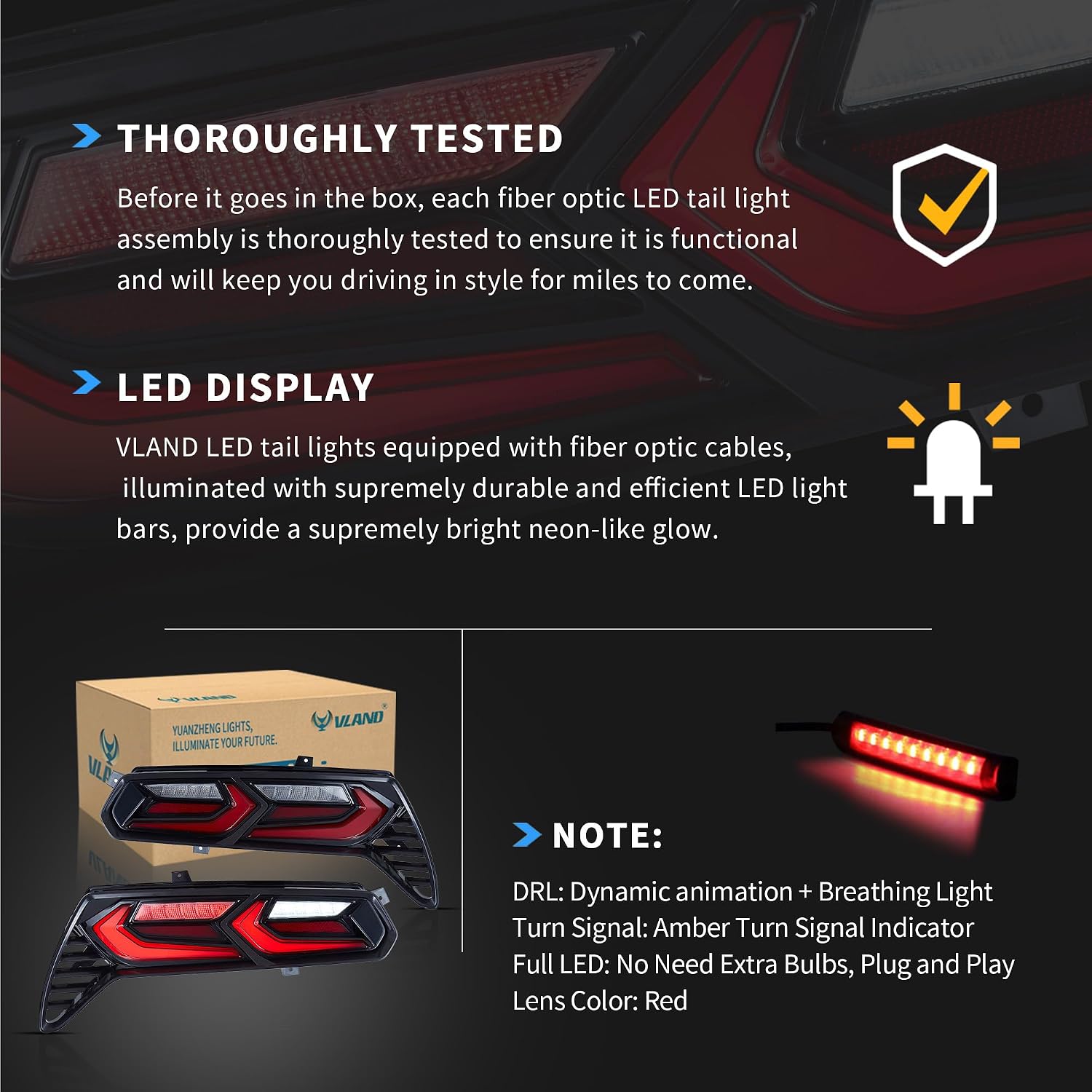 VLAND Tail Lights Compatible with 7th Gen Corvette Coupe C7 2014-2019 All Models, Led Rear Lamps w/Dynamic Animation Running Light Bar w/Switchback Turn Signals Sold as a PAIR, Red Cover