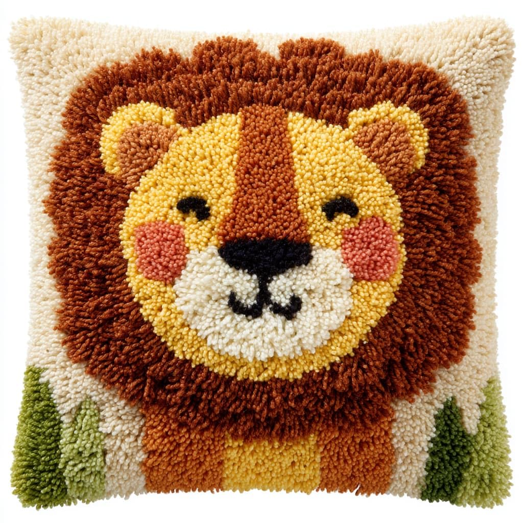 Taxpy Latch Hook Kits, Animal Lion Pillow Cover DIY Crochet Hook Cushion Rug Making Kits with Printed Pattern Canvas Needlework Hooking Adorment 43x43cm
